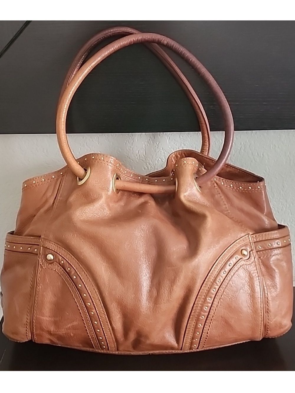 Cole Haan Brown Leather Village Hobo/Satchel/Shoulder Bag with Goldtone Grommets